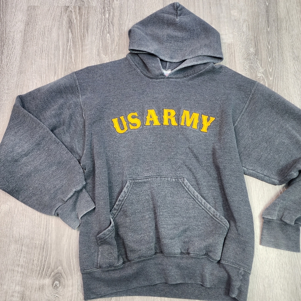 SOFFE US ARMY Yellow Felted Black Dark Gray Faded Pullover Hoodie Medium